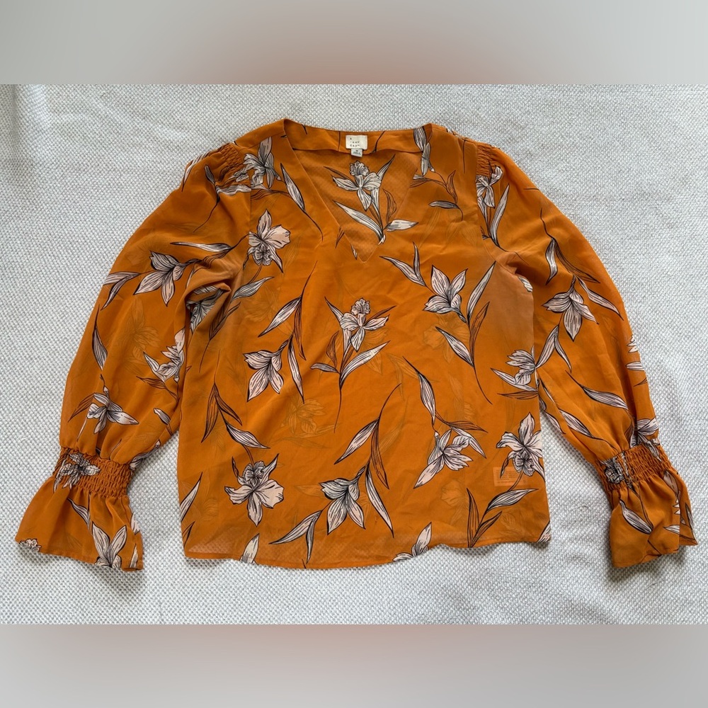 A•NEW DAY Floral Orange Sheer Blouse